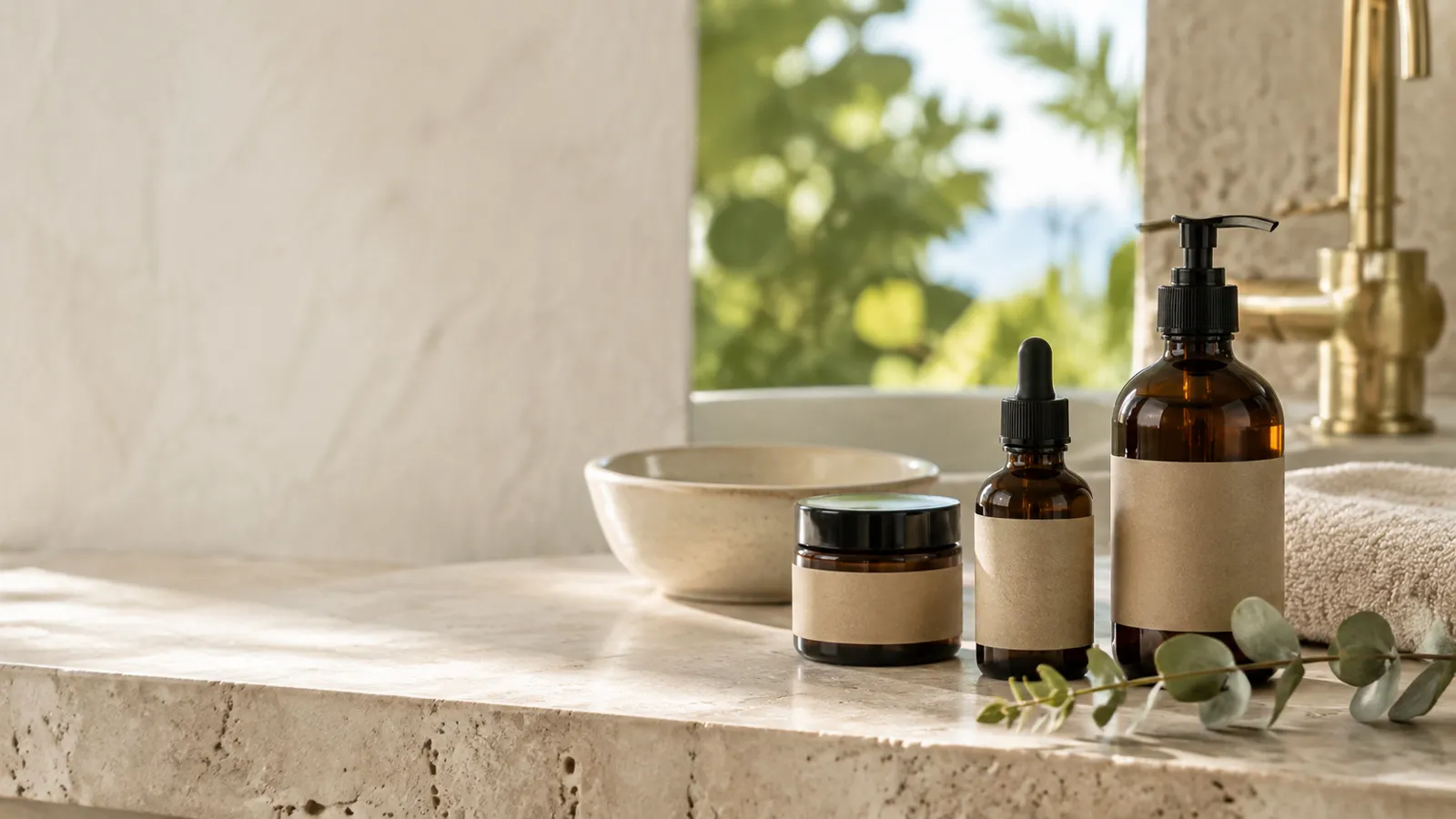 Terme holistic skincare ritual on a sunlit stone vanity